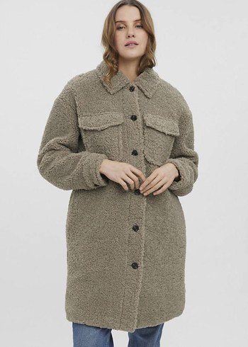 H&M Peluş Detaylı Gri Midi Kadın Kaban