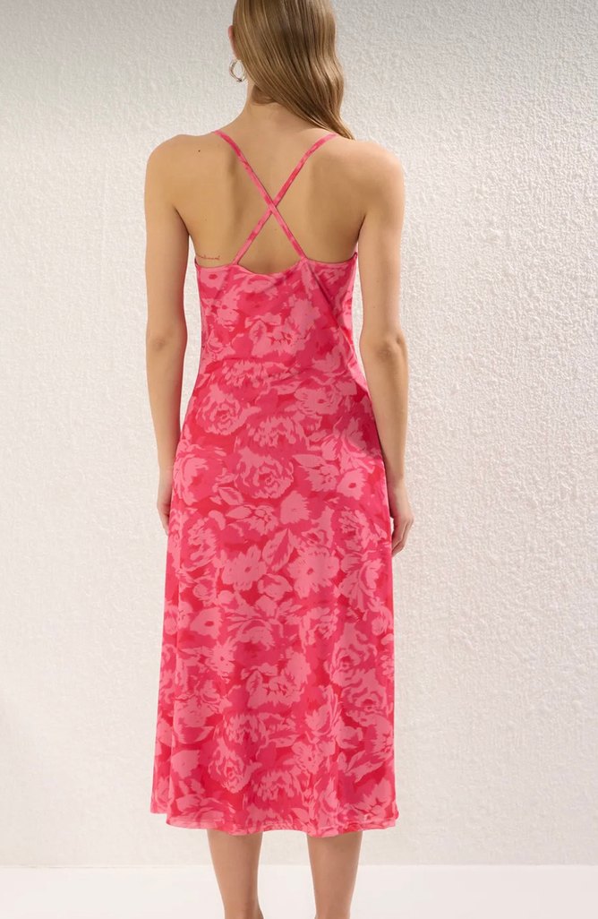 Pembe Drapeli Uzun Straplez Elbise - Görsel 3