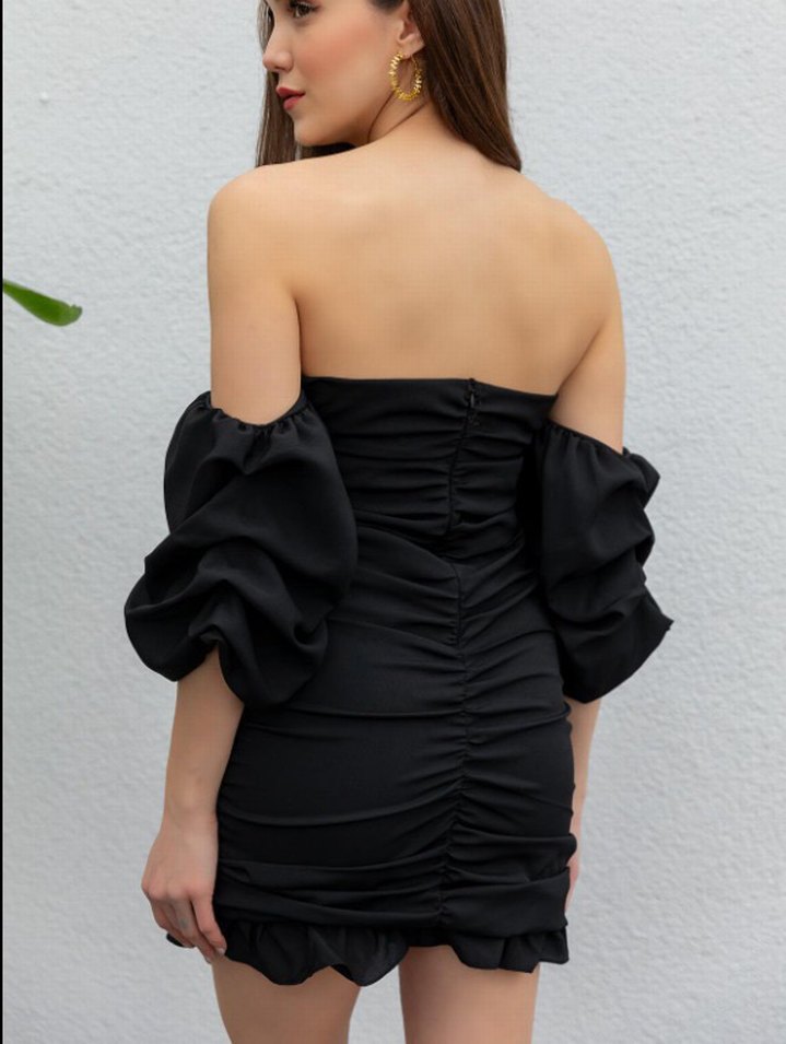 Drapeli Siyah Mini Elbise - Görsel 3