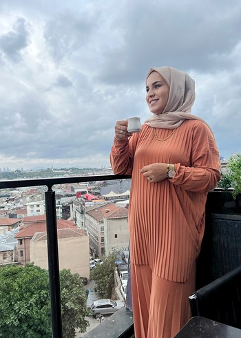 Camel Renkli Uzun Pliseli Kadın ikili takım