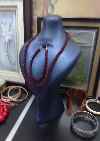 Bordo Boncuklu Uzun Kadın Kolye ve Küpe Seti - Görsel 2