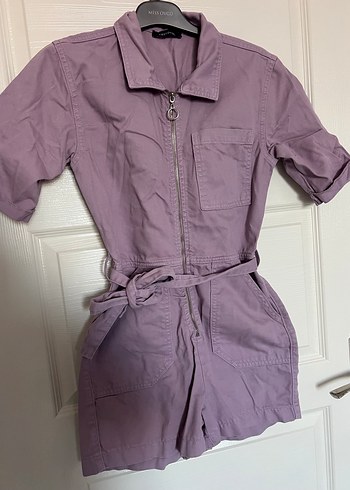 Kemerli Mor Kadın Kısa Tulum - Görsel 4