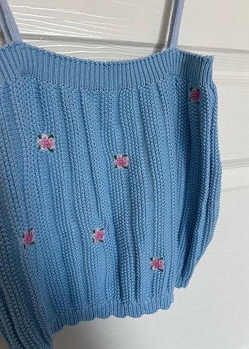 Mavi çiçek desenli örgü crop - Görsel 2