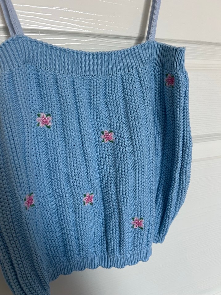 Mavi çiçek desenli örgü crop - Görsel 2