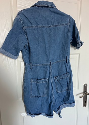 Düğmeli Kısa Kollu Kadın Denim Tulum - Görsel 4