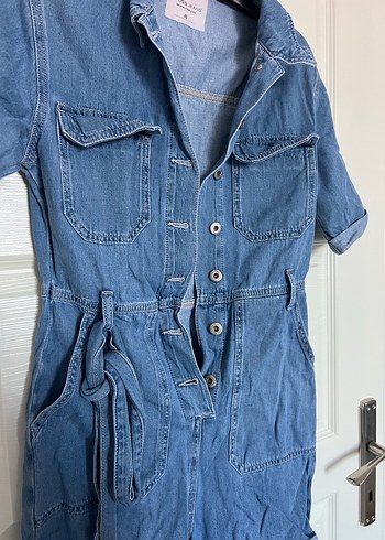 Düğmeli Kısa Kollu Kadın Denim Tulum - Görsel 3