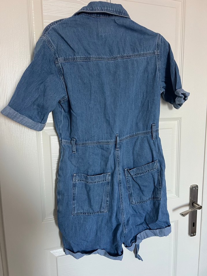 Düğmeli Kısa Kollu Kadın Denim Tulum - Görsel 4