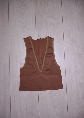 Diğer Kahverengi V Yaka Fit Crop Top