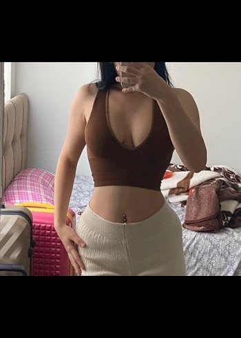 Kahverengi V Yaka Fit Crop Top