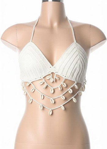Boncuklu Beyaz V Yaka Örme Büstiyer bikini