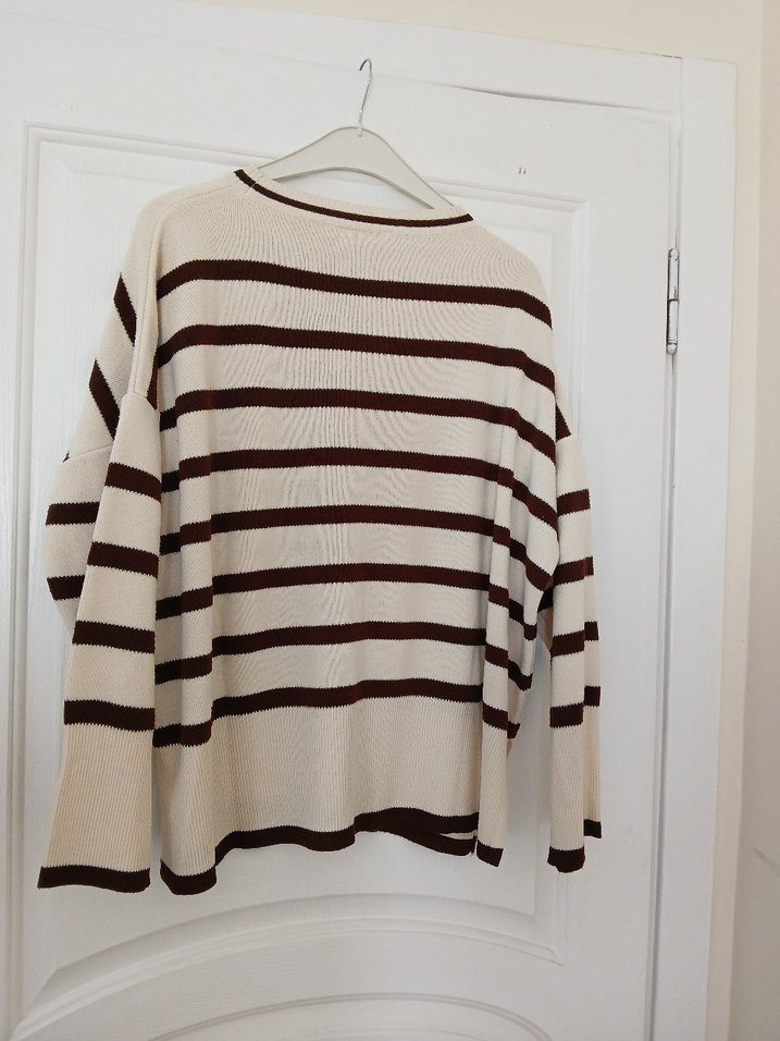 Bej Çizgili Uzun Kollu Triko Kazak - Görsel 2