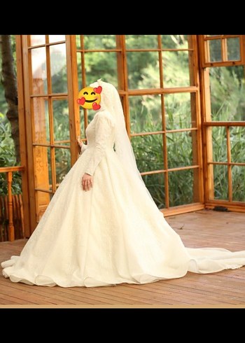 Uzun Kollu Yüksek Yakalı Prenses Gelinlik - Görsel 5