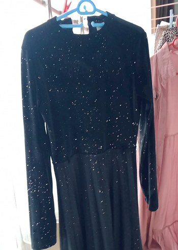 Uzun Kollu Işıltılı Siyah simli kadife kız çocuk Elbise - Görsel 6