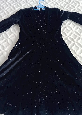 Uzun Kollu Işıltılı Siyah simli kadife kız çocuk Elbise - Görsel 3