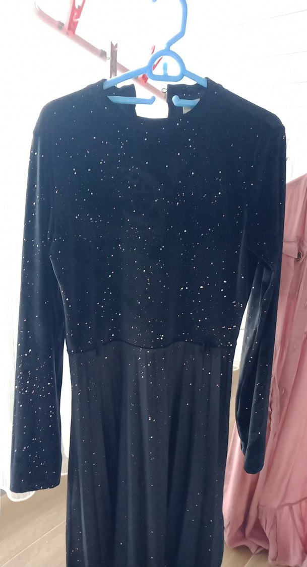 Uzun Kollu Işıltılı Siyah simli kadife kız çocuk Elbise - Görsel 5