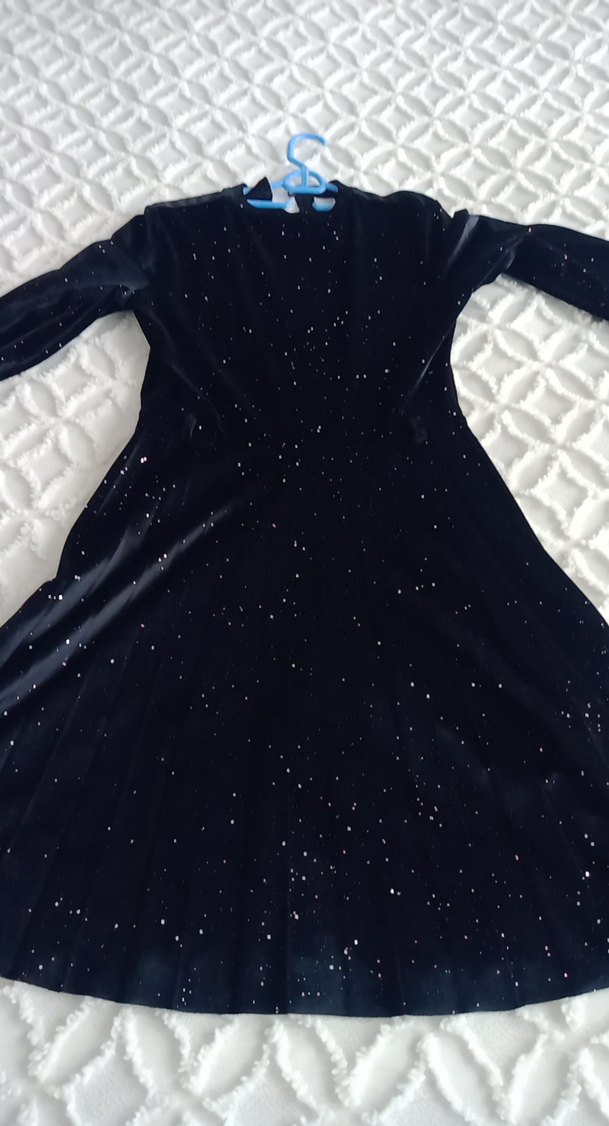 Uzun Kollu Işıltılı Siyah simli kadife kız çocuk Elbise - Görsel 3