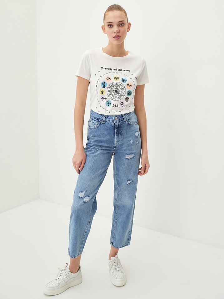 Beyaz Baskılı Denim Kumaş Tişört - Görsel 2