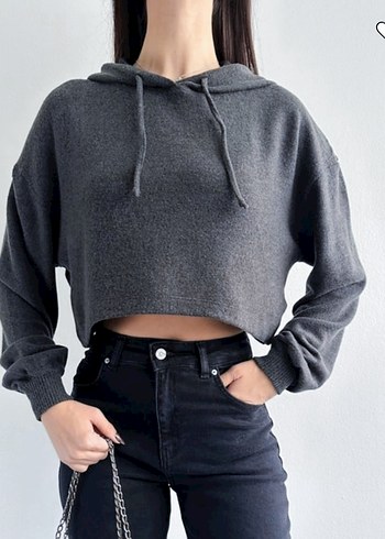 Gri Kapüşonlu Crop