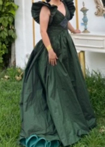 Uzun Yeşil V Yaka Drapeli Kadın Abiye 36-38 beden uyumludur - Görsel 3