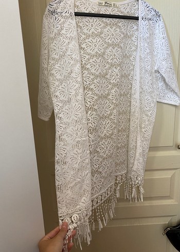 Dantel Detaylı Beyaz Bohem Midi Kimono - Görsel 2