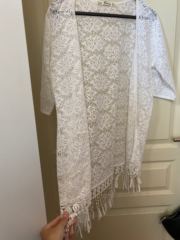 Dantel Detaylı Beyaz Bohem Midi Kimono - Görsel 2