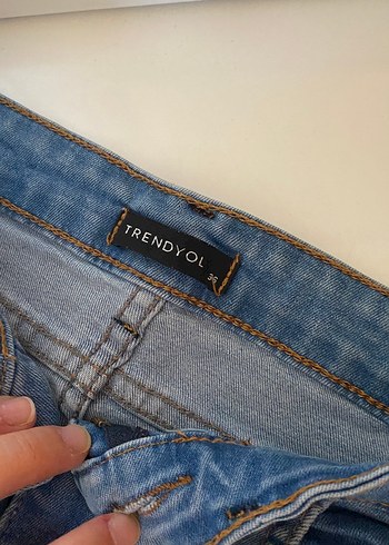 Düğmeli Mavi Bol Kesim Midi Kadın Kot Pantolon - Görsel 2