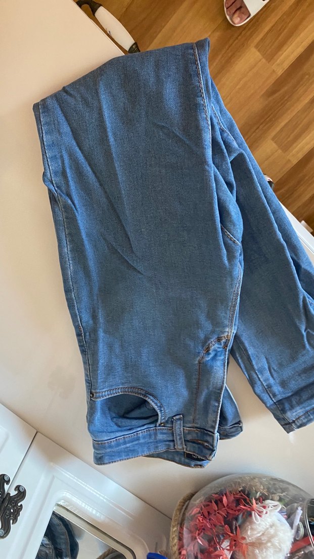 Düğmeli Mavi Bol Kesim Midi Kadın Kot Pantolon - Görsel 3