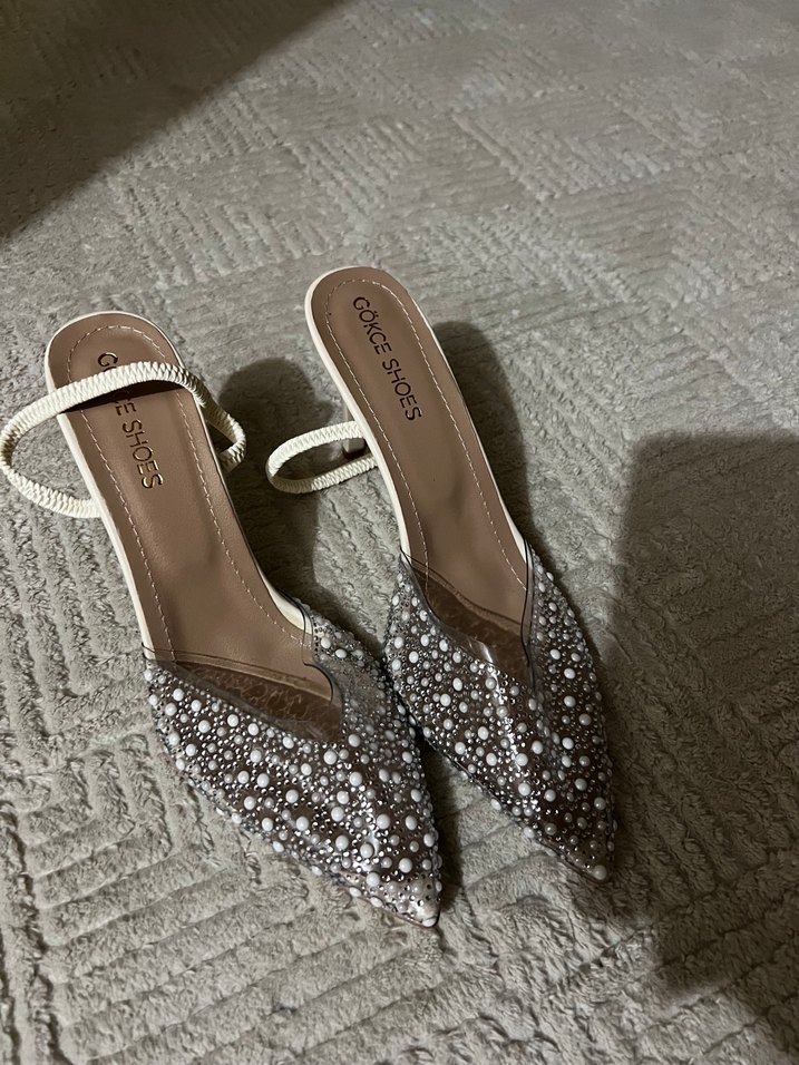 İnci İşlemeli Beyaz Dolgu Topuklu Kadın Abiye Ayakkabı - Görsel 2