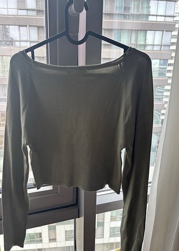 Pull&Bear Haki Uzun Kollu Crop Triko - Görsel 4