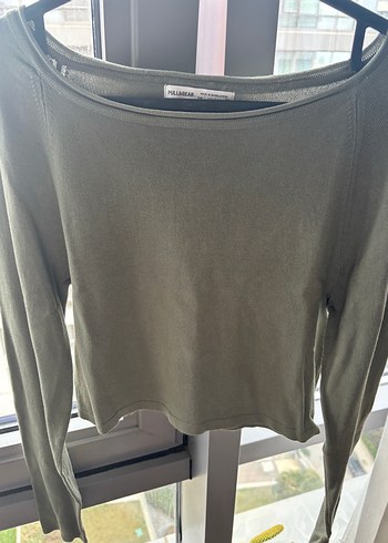 Pull&Bear Haki Uzun Kollu Crop Triko - Görsel 3