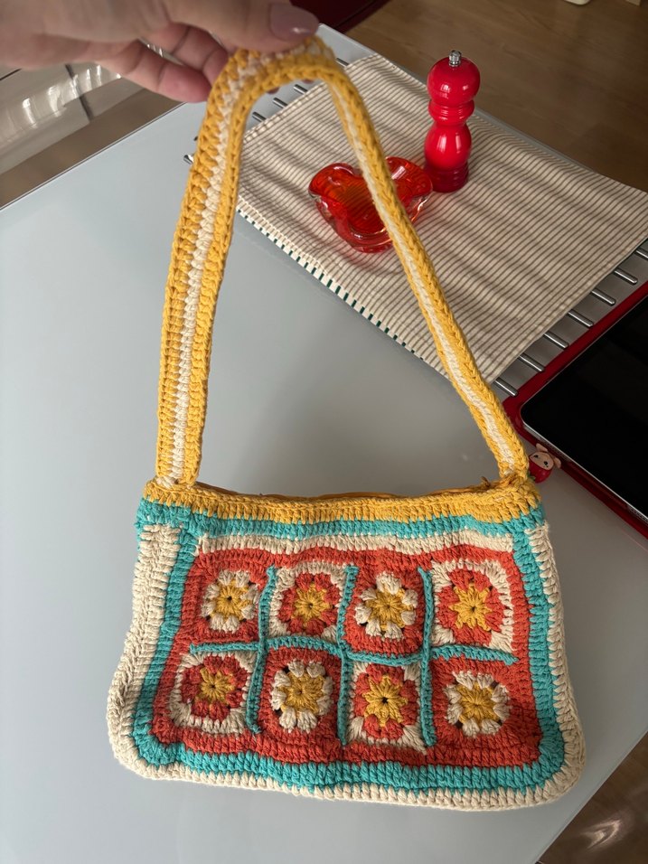 Çiçek Desenli Örgü Bohem Kadın Çantası - Görsel 2