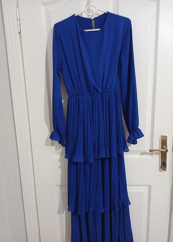 Mavi Pilili Uzun Kadın Elbise - Görsel 2