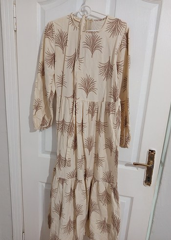 Bej Desenli Uzun Kollu Bohem Elbise - Görsel 3