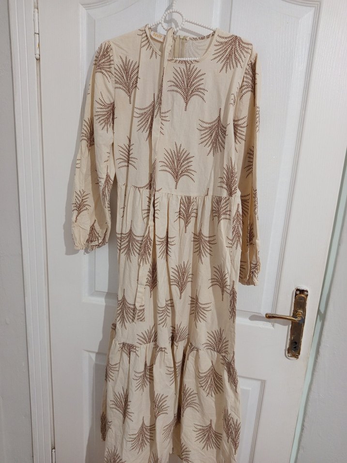 Bej Desenli Uzun Kollu Bohem Elbise - Görsel 3