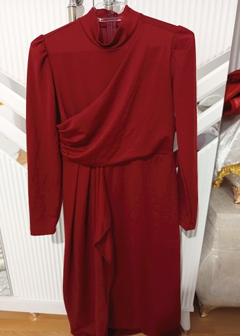 Bordo Drapeli Uzun Kol Elbise - Görsel 2