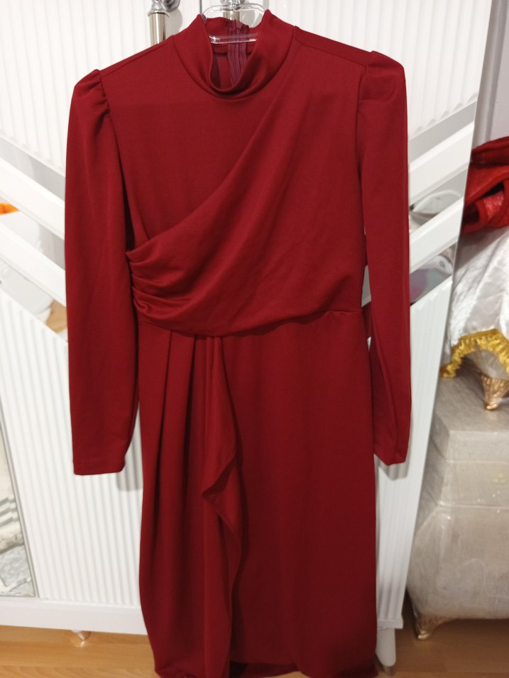 Bordo Drapeli Uzun Kol Elbise - Görsel 2