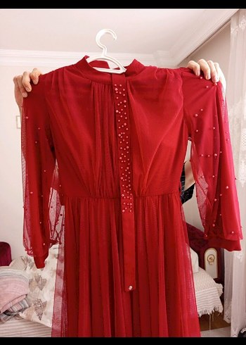 Uzun Kollu Kırmızı Bohem Tarzı Kadın Elbise - Görsel 3