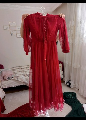 Uzun Kollu Kırmızı Bohem Tarzı Kadın Elbise - Görsel 2