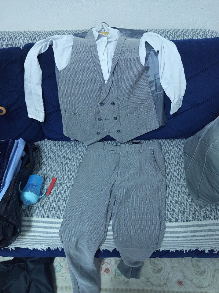 Gri Erkek Takım Elbise, Normal Kesim, Düğmeli - Görsel 3