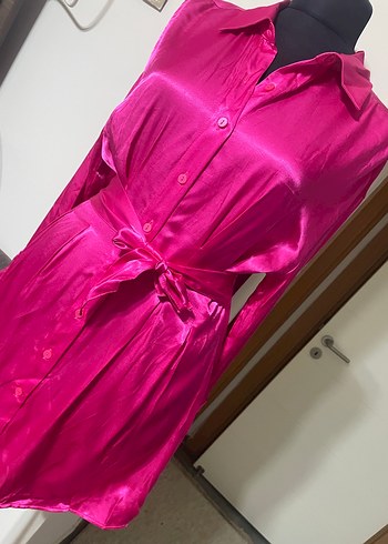 Parlak Pembe Midi Kadın Elbise - Görsel 3