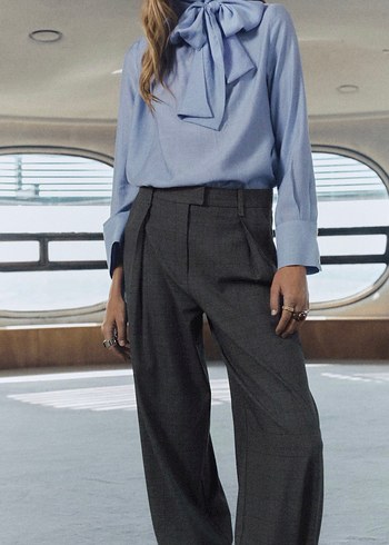 Mavi Keten Kadın Bluz, Yüksek Yakalı, Salaş Kesim - Görsel 2