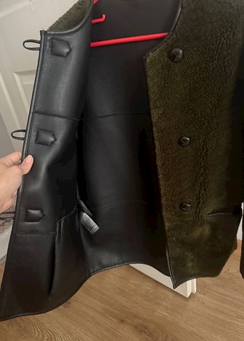 Düğmeli Haki peluş Kadın mont - Görsel 2