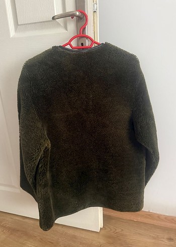 Düğmeli Haki peluş Kadın mont - Görsel 4