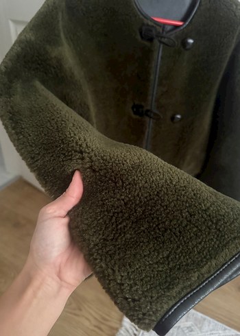 Düğmeli Haki peluş Kadın mont - Görsel 3