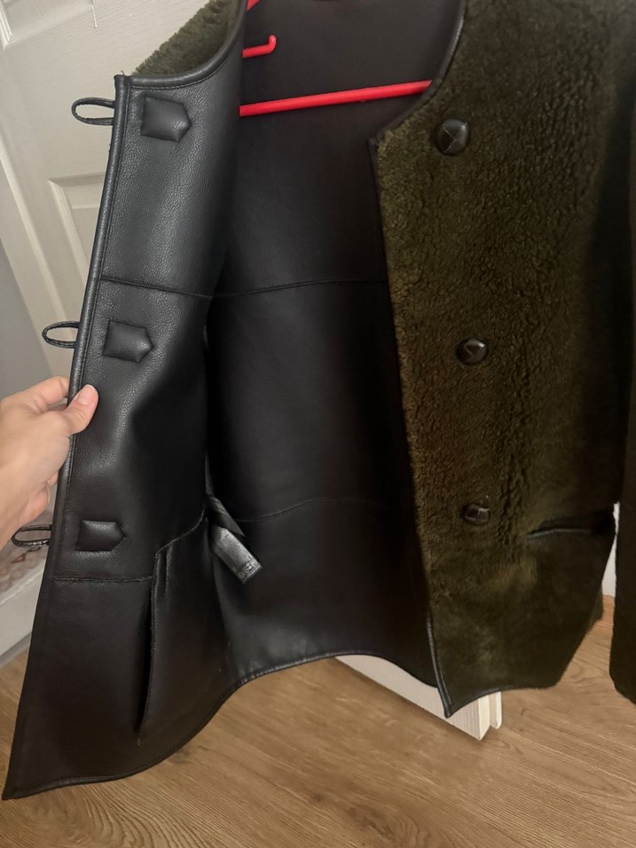 Düğmeli Haki peluş Kadın mont - Görsel 2