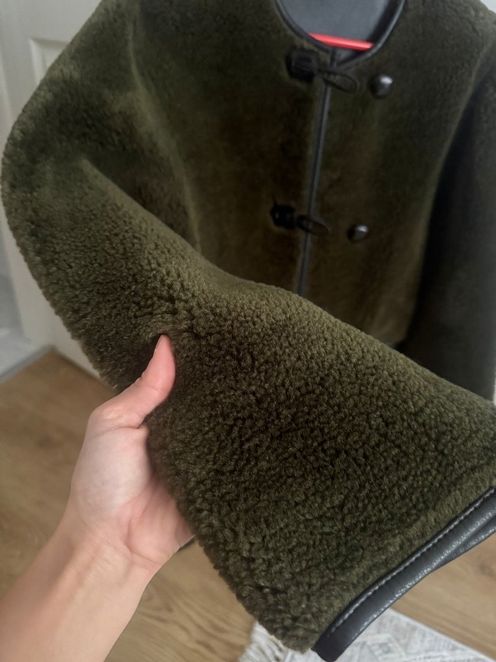 Düğmeli Haki peluş Kadın mont - Görsel 3