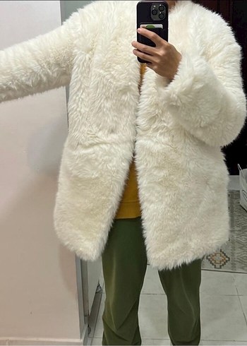 Kadın Beyaz Suni Kürk Midi Mont - Görsel 3