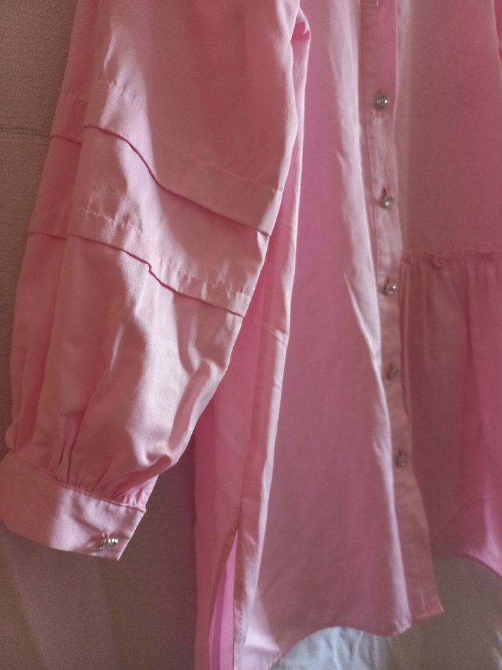 Pembe Düğmeli pamuk midi boy gömlek - Görsel 2