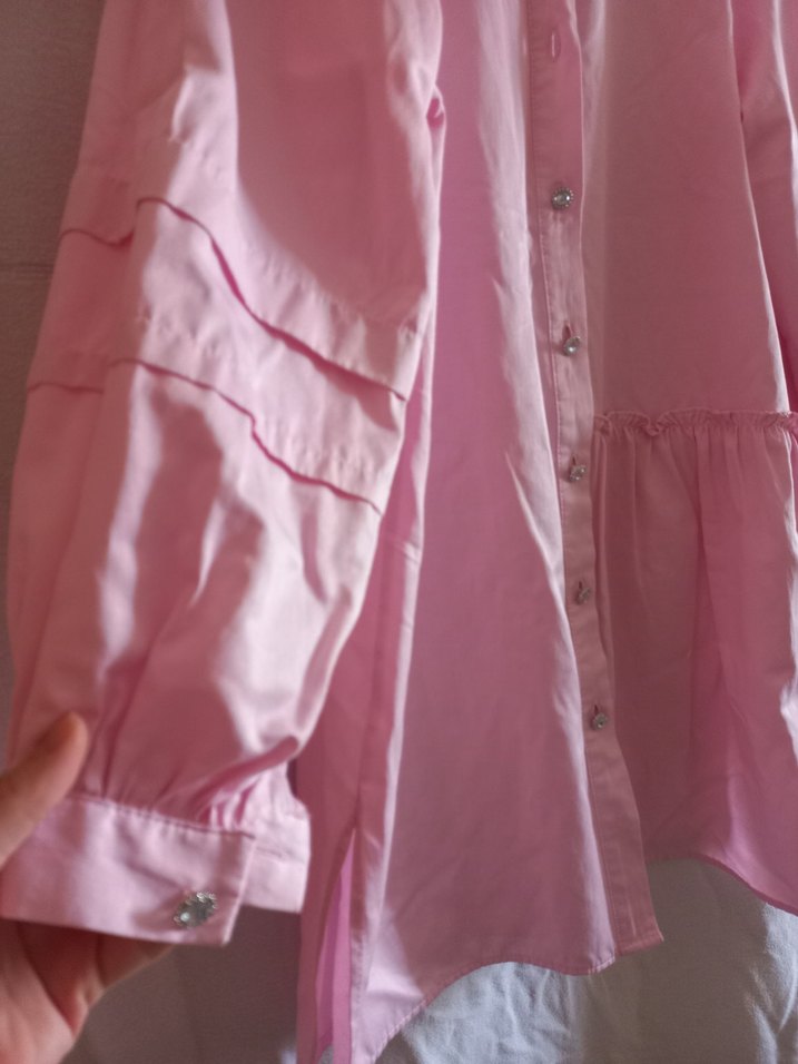 Pembe Düğmeli pamuk midi boy gömlek - Görsel 3