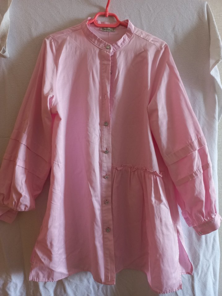 Pembe Düğmeli pamuk midi boy gömlek - Görsel 4